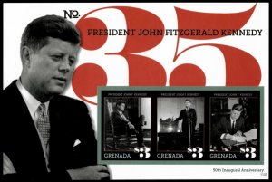 Grenada 2011 - John F. Kennedy - Sheet of 3 IMPERF Stamps - Scott #3844 - MNH
