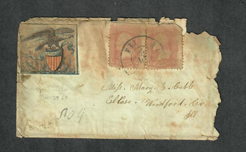 Glued On Eagle+Shield Sc#64b x2 Nashville 1862 Union Patriotic Cover