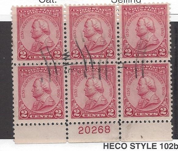 United States, 689, Gen Von Stueben Plt.Blk of 6 Bottom #20268, **Used**