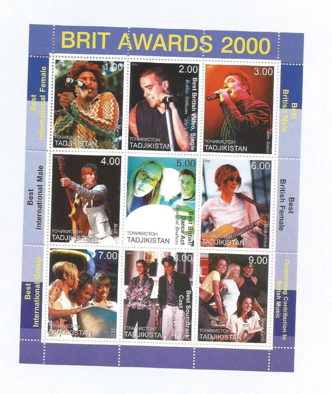 TADZHIKISTAN - 2000 - Brit Awards 2000 - Perf 9v Sheet - MLH - Private