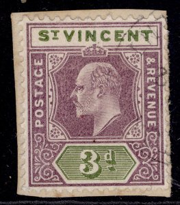 ST. VINCENT EDVII SG80, 3d dull purple & olive, FINE USED. ON PIECE