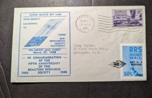 1948 USA Airmail RRS Rocket Mail Flight Trona CA to Lexington NC 5 Year