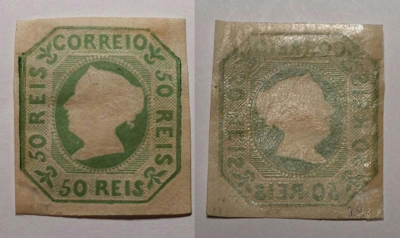 Portugal 1853 Queen Maria II 50R green Mi.3 mint+gum signed margin reinforced...