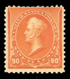 United States, 1890 Issue #229 Cat$475, 1890 90c orange, hinged, gum bend and...