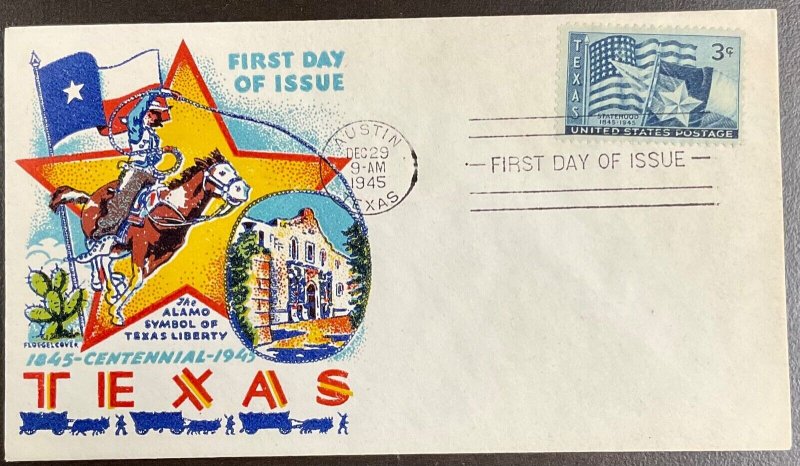 938 Fluegel Multi-color Cachet Texas Statehood FDC  1945 VF