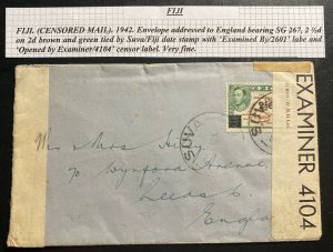 1942 Suva Fiji Dual Censored Cover To Leeds England