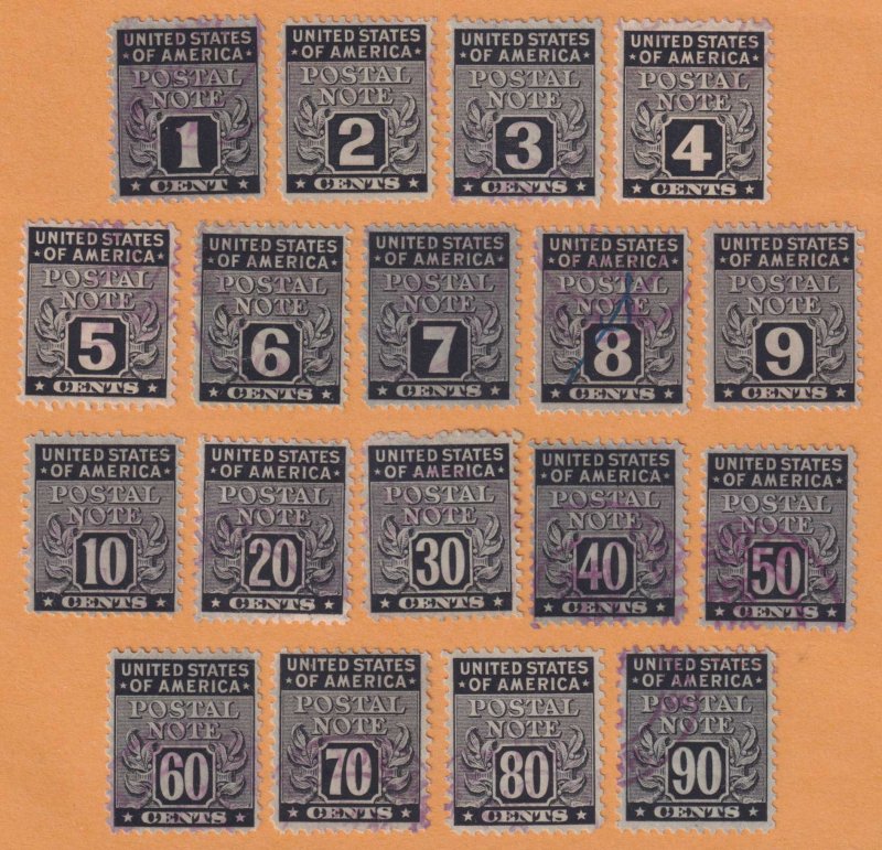 UNITED STATES PN1 - PN18 POSTAL NOTE STAMPS USED - COMPLETE SET OF 18