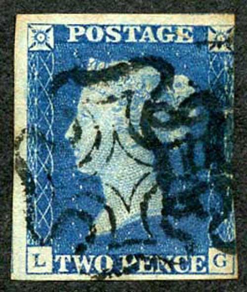 1840 2d Bright Blue (LG) Plate 1 three margins