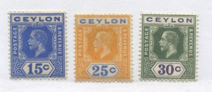 Ceylon KGV 1912 15, 25, and 30 cents mint o.g. hinged