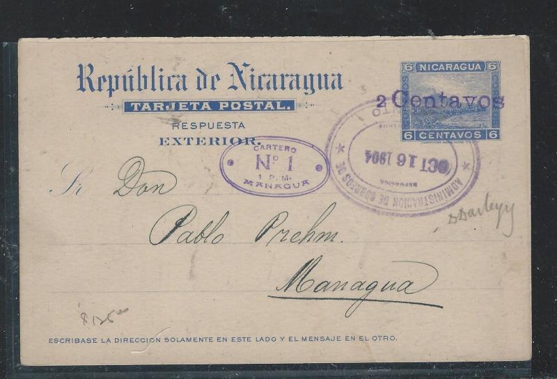 NICARAGUA (P1910B)  1904 EXTERIOR PSC 6C REVALUED 2C SENT TO MANAGUA