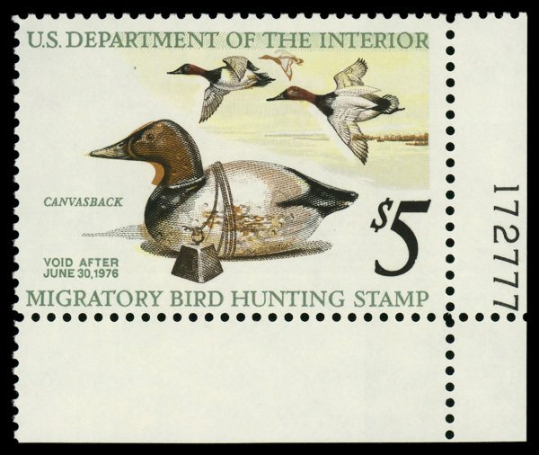 United States #RW42 Mint nh very fine  plate number single Cat$15 1975, $5 Ca...
