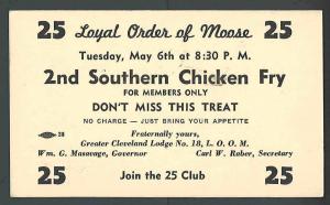 1941 PC CLEVELAND OH LOYAL ORDER OF MOOSE SOUTHERN CHICKEN FRY DINNER