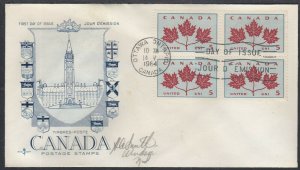 Canada Scott 417 Blk 4 Blue Rose Craft FDC - Maple Leaf Unity