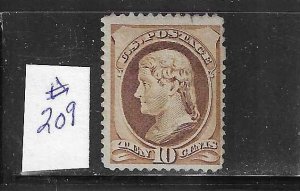 US #209 1881-82 JEFFERSON 10 CENTS (BROWN)- MINT XXXLIGHT HINGED