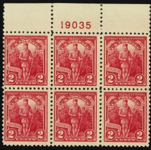 643, Mint 5 Stamps NH One Hinged 2¢ Plate Block of Six CV $32.50