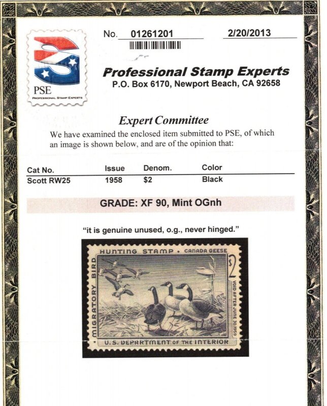 USA #RW25 Extra Fine Never Hinged With Graded 90 Certificate 