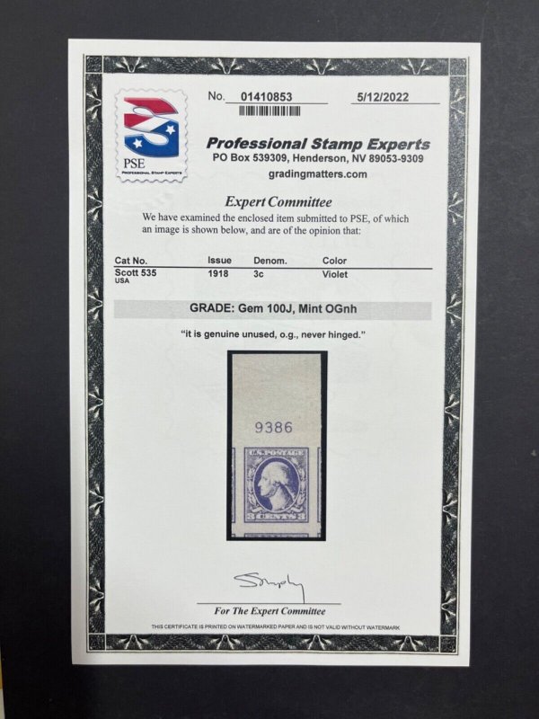 MOMEN: US STAMPS #535 MINT OG NH PSE GRADED CERT GEM-100J