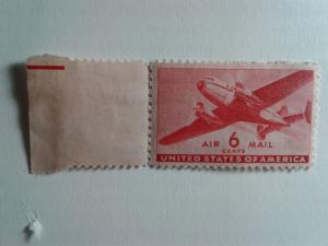 SCOTT # C 25  6 CENT AIR MAIL SINGLE W/ TAB MINT NEVER HINGED GEM