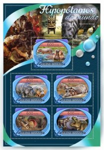 Guinea-Bissau Wild Animals Stamps 2016 MNH Hippopotamus Hippos Fauna 5v M/S