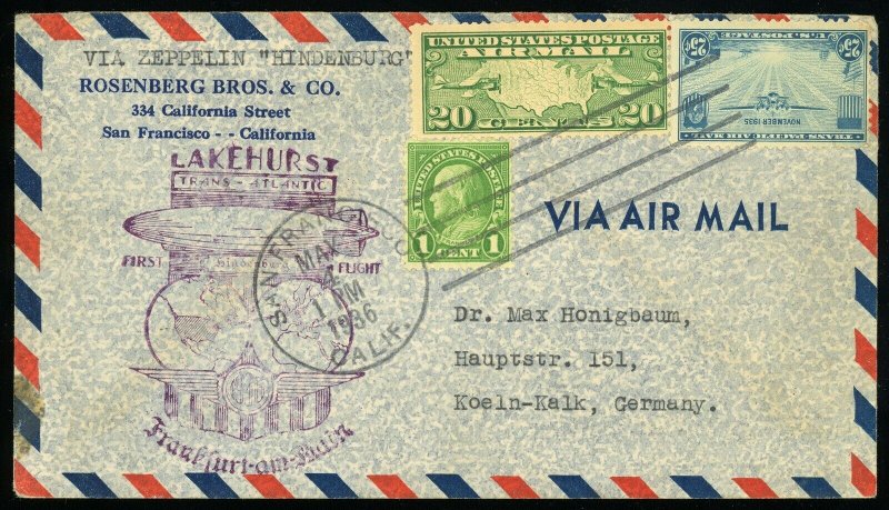 USA Germany LZ129 Airship Hindenburg First Flight 1936 Airmail Cover Zeppelin