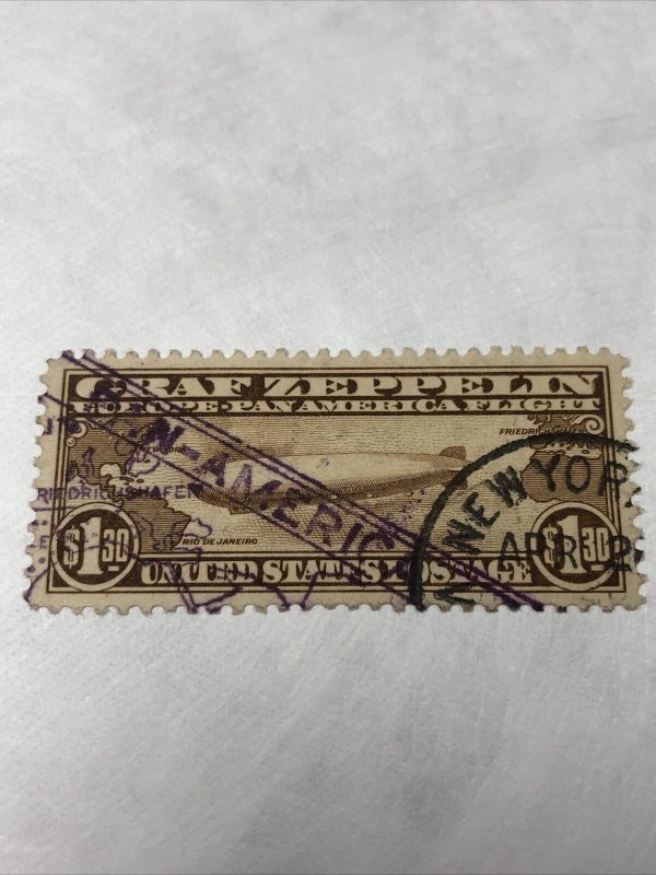 US C14 Graf Zeppelin XF-Used NEW YORK Cancel Along W. Portion Of Purple Cachet