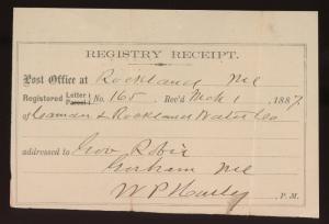 1887 Registered Registry Receipt Rockland Maine