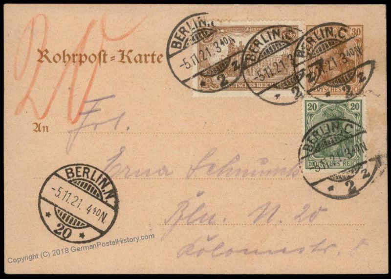 Germany 1921 Inflation Berlin Rohrpost Pneumatic Mail Cover Germania 82619