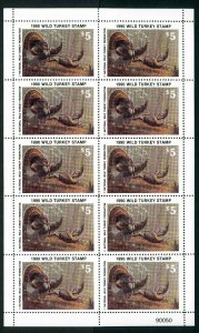 NATIONAL WILD TURKEY FEDERATION STAMP 1990 FULL SHEET OF 10 .Reg $35 single