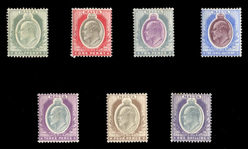 Malta #21-27 Cat$160.75, 1903-4 Edward, complete set, hinge remnants