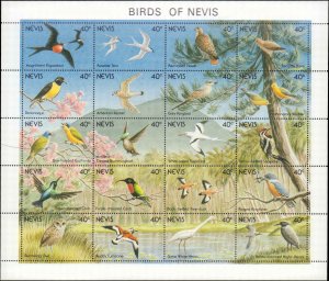 Nevis #664, Complete Set, Sht of 20, 1991, Birds, Never Hinged