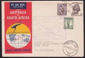 COCOS ISLAND 1952 Qantas flight cover to Sth Africa - RAAF PO COCOS cds....B4186