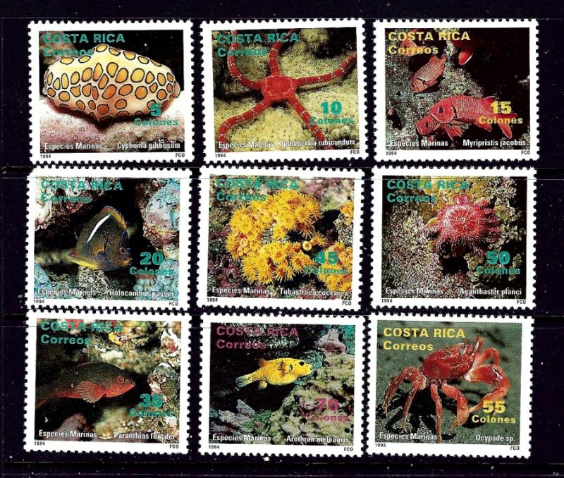 Costa Rica 466-74 MH 1994 Marine Life  one short corner perf