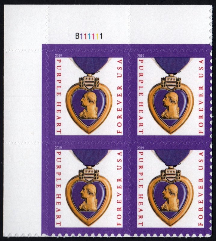 SC#5419 (55¢) Purple Heart Plate Block: UL #B111111 (2019) SA