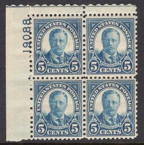 #637 XF MNH OG-5¢ ROOSEVELT PLATE BLOCK-UL Position (REM #637-pbC)