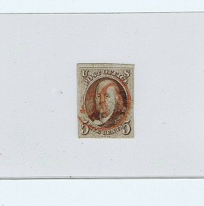 SC# 1 USED 5 CENT, FRANKLIN, 1847, RED NUMERAL 40 IN CIRCLE CANCEL, 2019 PF CERT