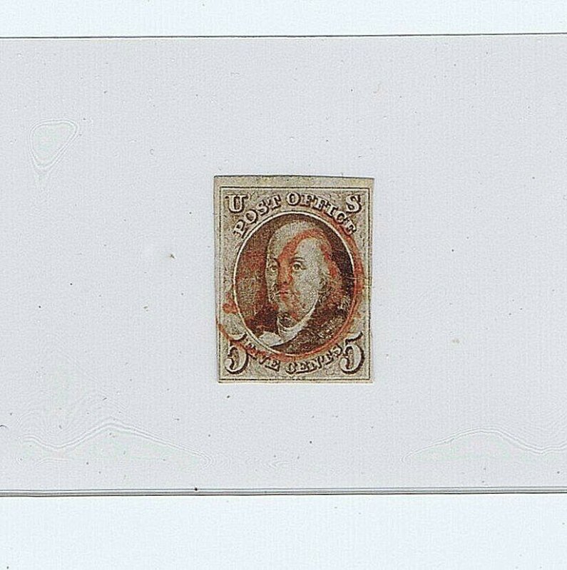 SC# 1 USED 5 CENT, FRANKLIN, 1847, RED NUMERAL 40 IN CIRCLE CANCEL, 2019 PF CERT