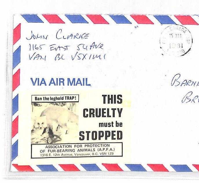 CANADA CONSERVATION Cover *STOP ANIMAL CRUELTY* Anti-FUR TRADE Label 1981 XX21