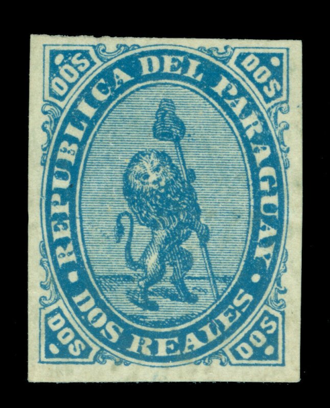 PARAGUAY 1870  LION & Liberty Cap   2r blue  Scott # 2 UNUSED VF