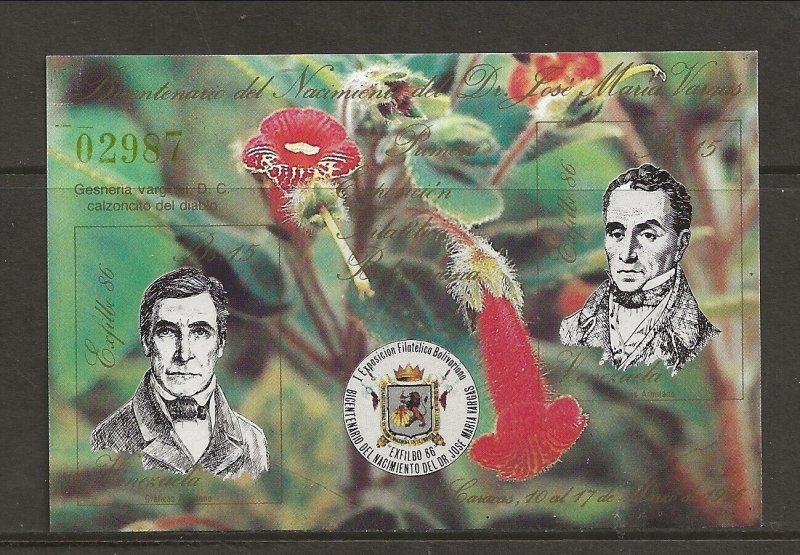 Venezuela Sc 1353 NH SOUVENIR SHEET of 1986 - Dr. Jose Vargas - FLOWERS 