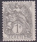 France Crete Offices 1902 Sc 1 Dark Gray 1c Typo No Wmk Stamp MH