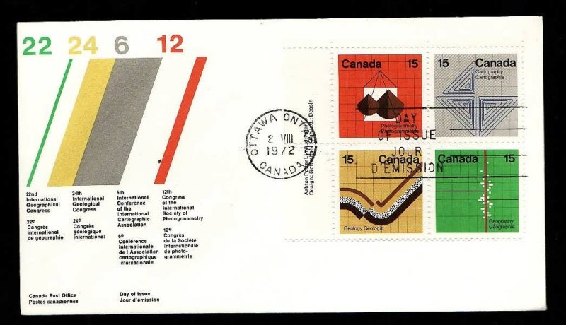 Canada-Sc#585a-stamps on FDC-UL plate block of 4-Earth Sciences-1972-