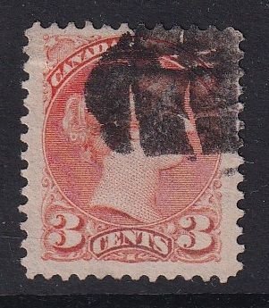 Canada   #37  used  1873  Queen Victoria  3c   Perf. 12  orange red