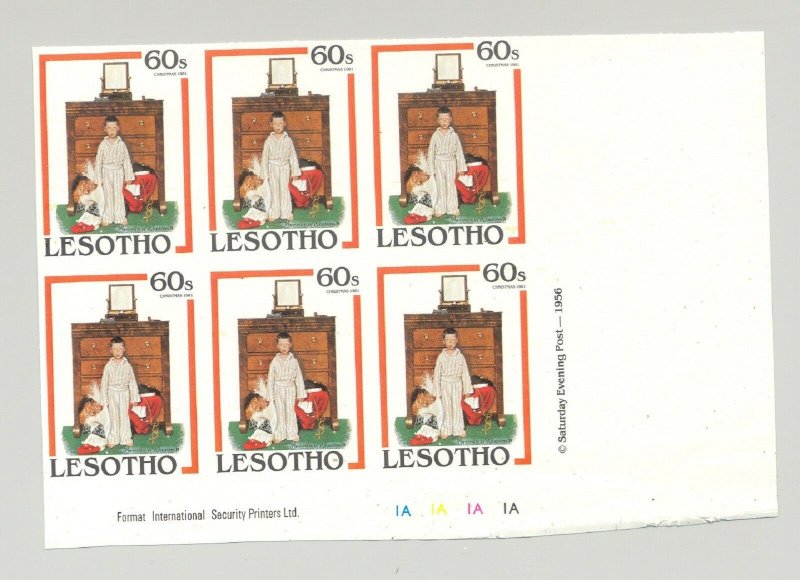 Lesotho #349 Christmas, Norman Rockwell, Art 1v Imperf Proof Block of 6