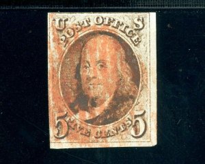 USAstamps Used FVF US 1847 Franklin 1st Stamp Scott 1 With Red Cancel