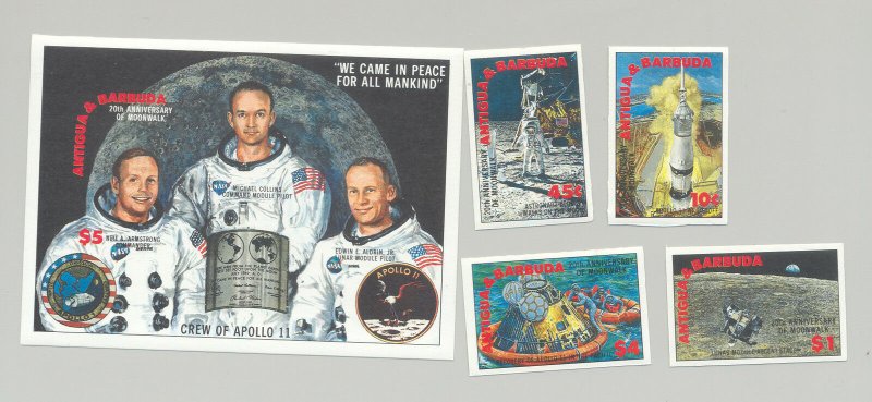 Antigua #1255-1259 Apollo 11, Space, 4v. & 1v. s/s imperf proofs