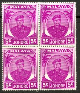 MALAYA JOHORE 1949-55 5c Sultan Ibrahim Portrait Issue BLOCK 4 Scott 134 MNH