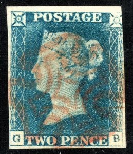 [sto358] SG#5 1840 2d blue  lettered GB used with Red Maltese cross