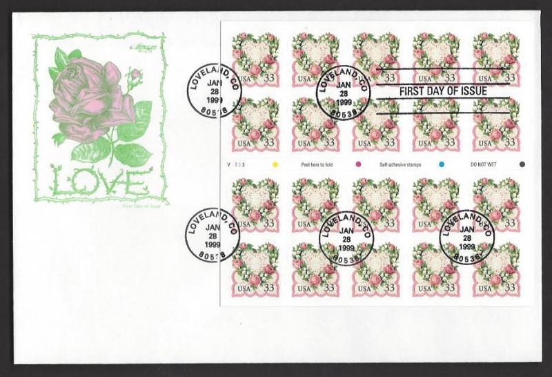 USA 1999 33c LOVE BOOKLET PANE OF 20 U/A CACHET FDC Sc 3274a PLATE V1333