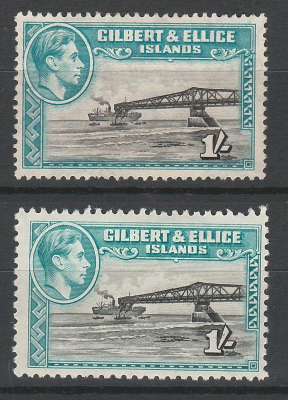 GILBERT & ELLICE ISLANDS 1939 KGVI BRIDGE 1/- PERF 13.5 AND PERF 12 