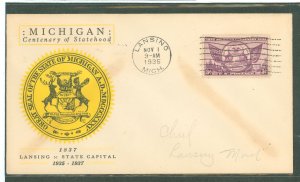 US 775 (1935) 3c Michigan: Century of Statehood (single) on an addressed (light pencil) First Day Cover with a yellow Linprint c